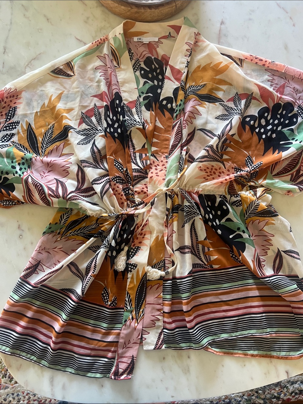 DR2 Cream Floral Print Kimono with Black Accents